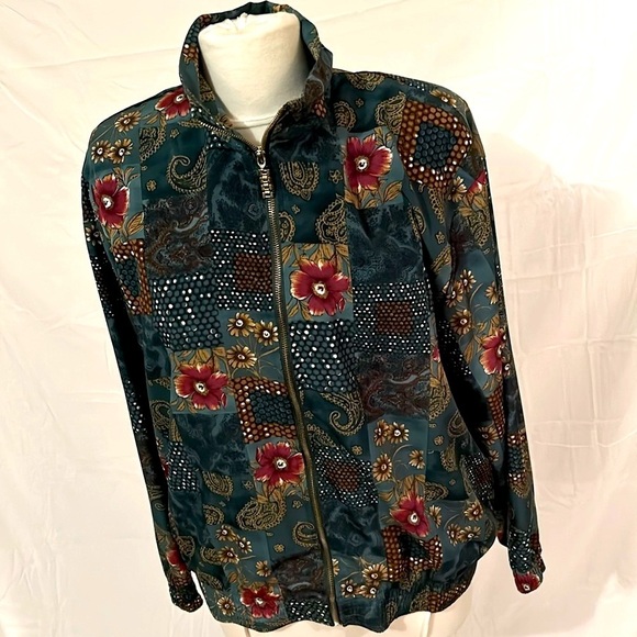 Floral Vintage Zip Up Golden Girls Green Jacket Shoulder Pads Women L - Picture 2 of 12